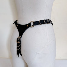 Load image into Gallery viewer, Adjustable high cut thong in 2mm thick matte black leather and nickel hardware. Handmade in New Zealand by Gemma Proebst.
